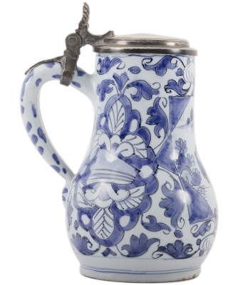 A Tankard with Pewter Cover in Blue and White Dutch Delftware
