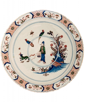 A Very Large Polychrome Chinoiserie Charger in Dutch Delftware