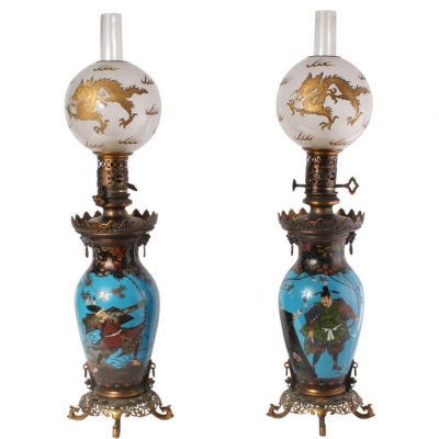 A pair of fine French oriental style cloisonné oil lamps, Barbedienne circa 1880