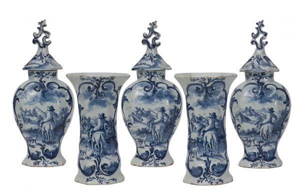 A Blue and White Five Piece Garniture in Dutch Delftware