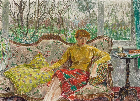 Madame De Smet sitting on a sofa - Léon De Smet