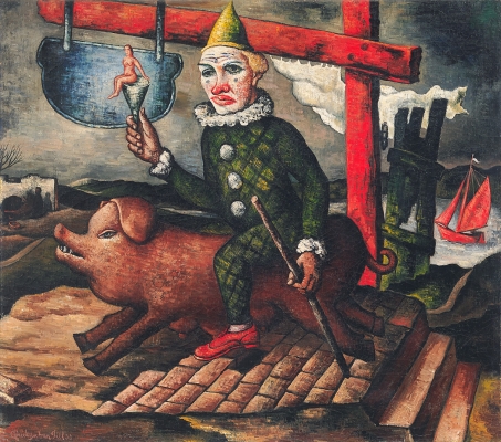 Clown on pig and sea - Quirijn van Tiel