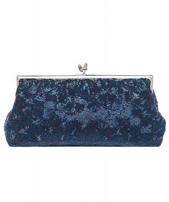 Vintage Iridescent Blue Beaded Frame Clutch - Designer Unknown