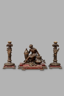 A Greek inspired marble desk inkwell featuring Adonis, with matching candlesticks, circa 1880