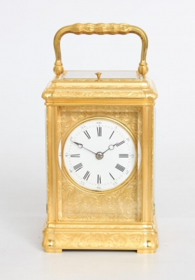 A French gilt brass engraved gorge case carriage clock, circa 1870
