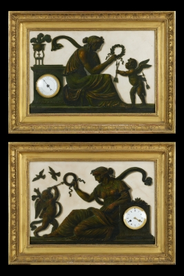 Pair of Empire Trompe l’Oeil paintings with a clock and barometer, Piat Joseph Sauvage 