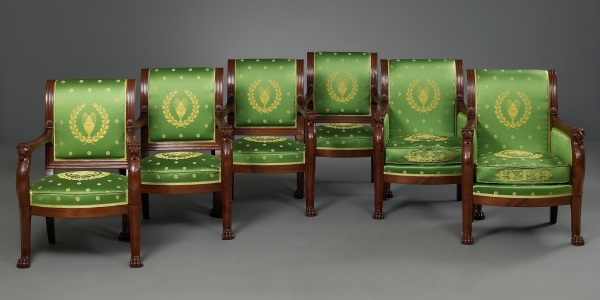 French Empire Suite of four Fauteuils and two Bergères, attributed to F.H.G. Jacob-Desmalter