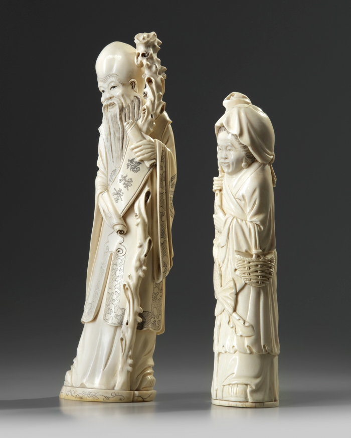 A large Chinese ivory carving of a fisherwoman and a Shoulao OAA