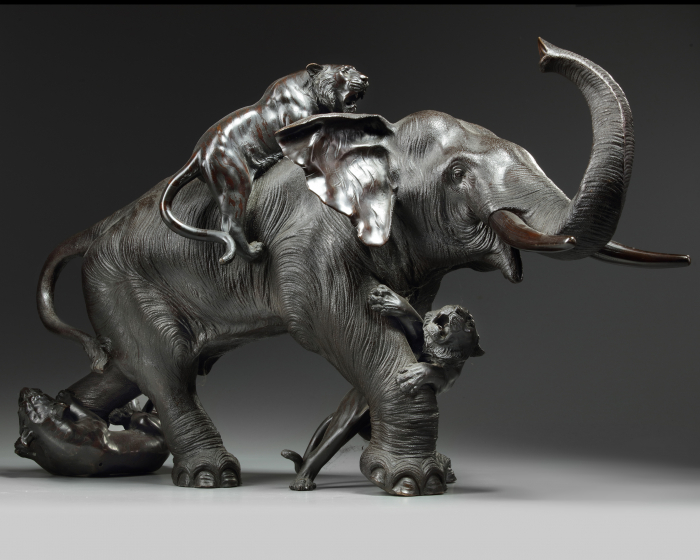 A LARGE JAPANESE BRONZE ELEPHANT AND TIGER GROUP, MEIJI PERIOD (18681912) OAA