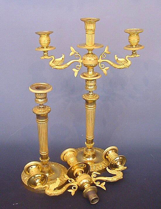 A pair of Empire ormolu bronze three-light candelabra, circa. 1820