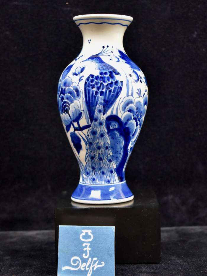 Dutch Blue & White Royal Delft Hand Painted Baluster Vase with Peacock ...