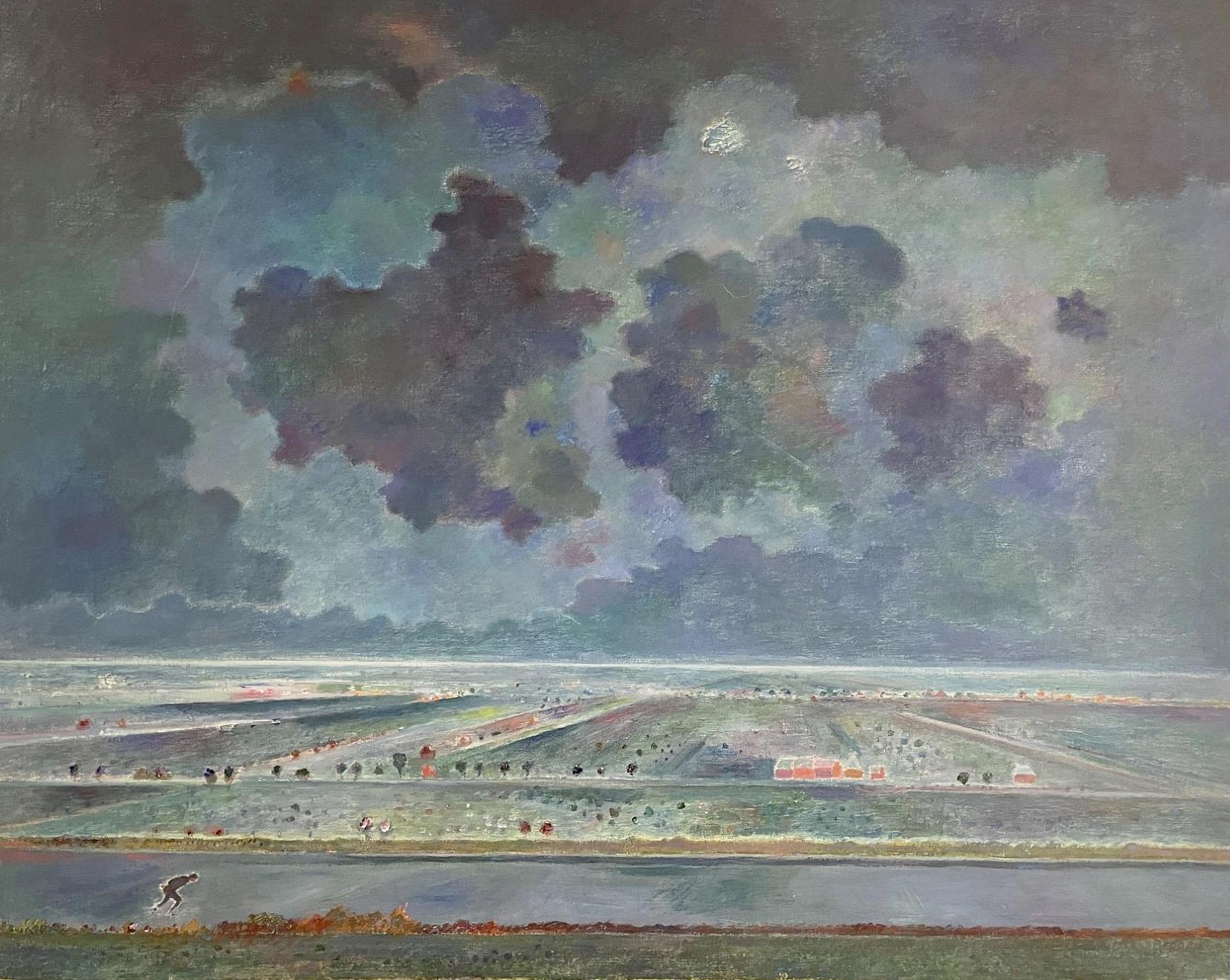 Dirk Breed, oil-painting on canvas, lonely ice-skater in wide winter-landscape